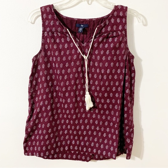 Gap Factory Cotton Boho Floral Print Sleeveless Blouse V-neck Tassel Closure - Picture 1 of 8